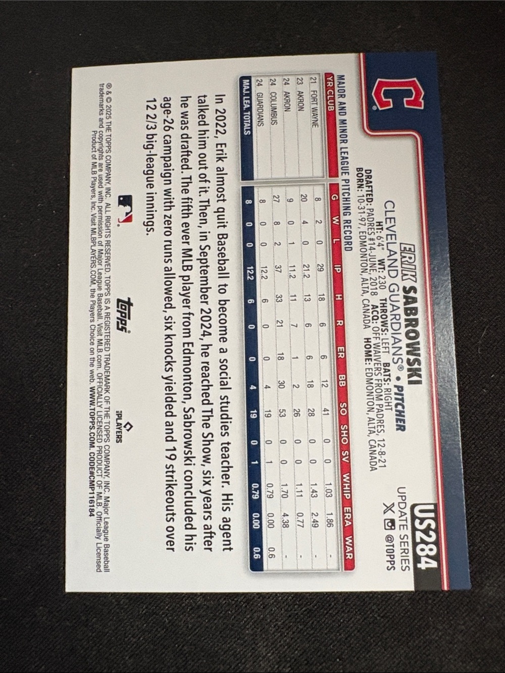Topps Erik Sabrowski RCCleveland Guardians Ice refractor - Picture 2 of 2